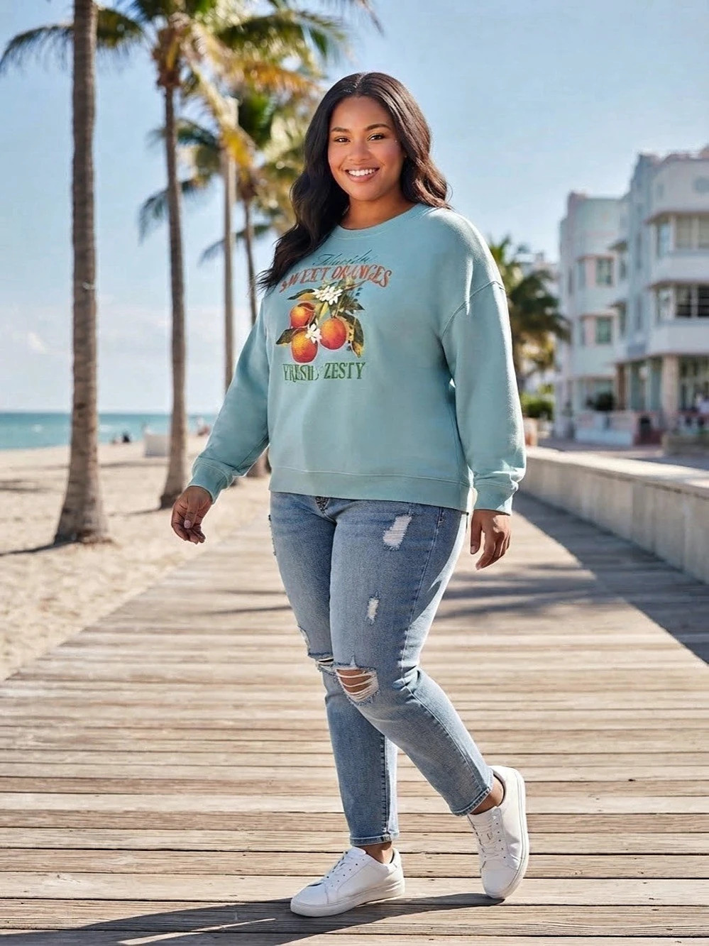 Time and Tru Florida Sweet Oranges Graphic Sweatshirt in Blue
